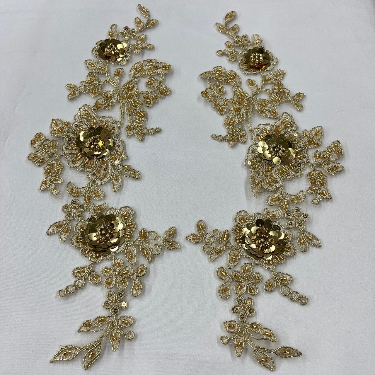 1 Pair Beaded & Corded Floral 3D Lace Applique Embroidered on 100% Polyester Net Mesh, 14" X 3 " Wide Each Side